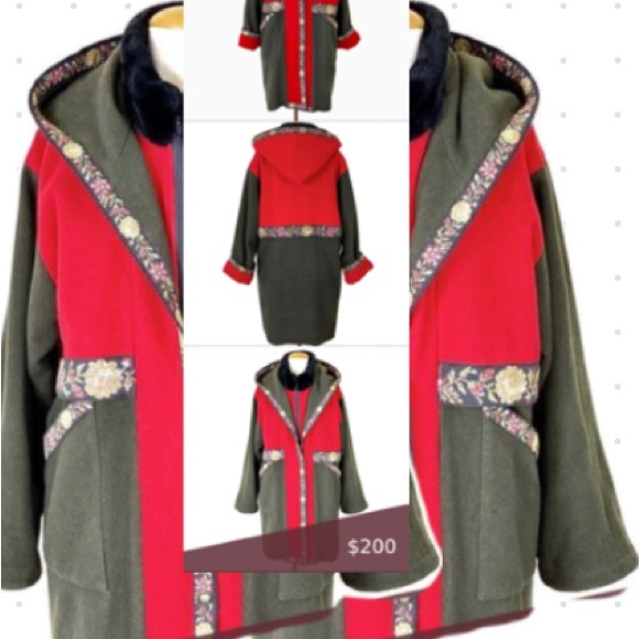 Vtg 80’s Suttles and Seawinds red boiled wool duffle coat! Print fabric trims M - Picture 16 of 17